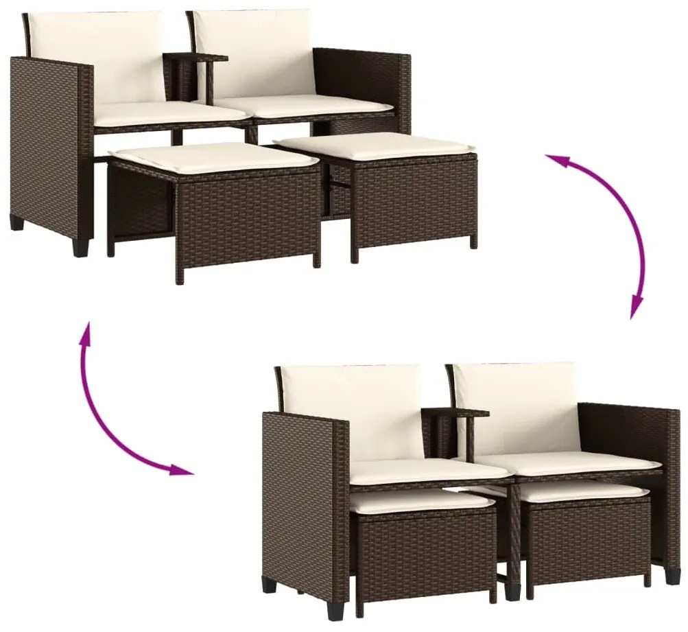 Sofá de jardim de 2 lugares com mesa e bancos vime PE castanho