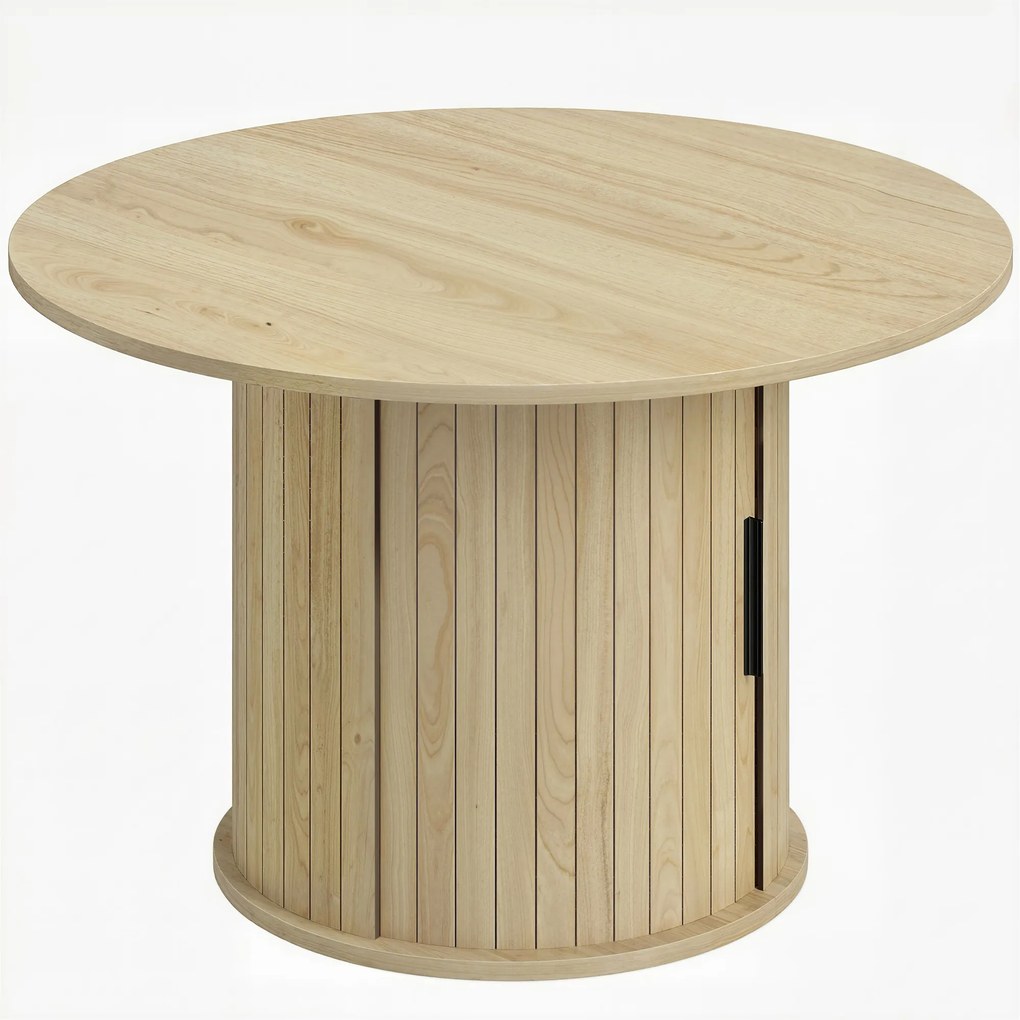 HOMCOM Mesa de centro redonda, mesa de sala com arrumação, porta deslizante ripada, 2 prateleiras, efeito madeira natural | Aosom Portugal