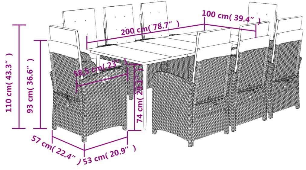 9 pcs conjunto de jantar p/ jardim c/ almofadões vime PE cinza