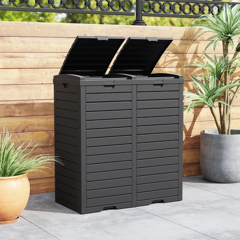 Caixote do lixo duplo de 235 L com bandeja para líquidos e tampas escalonadas para interiores e exteriores 77 x 40 x 86 cm Preto