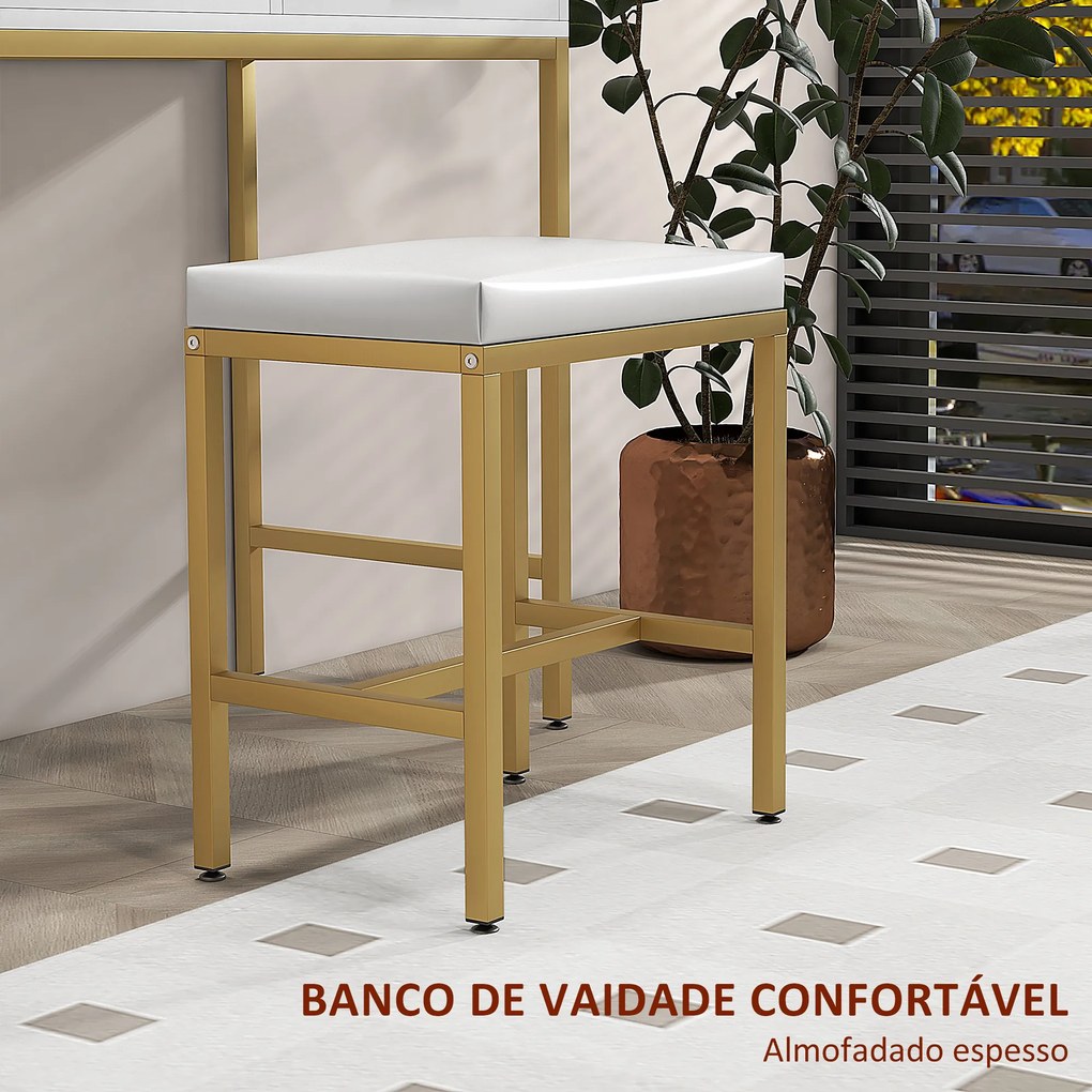 Toucador de Maquilhagem com Luz e Banco Mesa de Maquilhagem com 2 Gavetas e Prateleiras Estilo Moderno para Quarto Branco