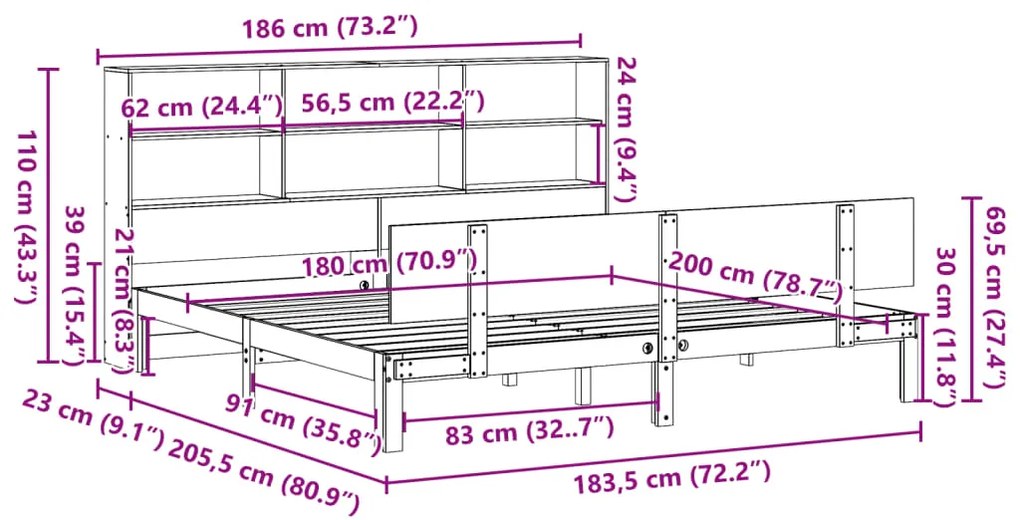 Cama com estante sem colchão 180x200 cm pinho maciço branco