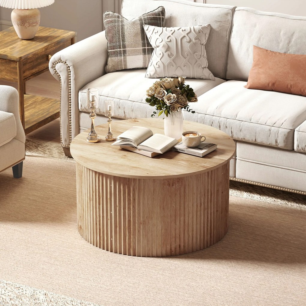 Mesa de Centro Elevável, 80 x 80 x 42 cm, Arrumação Oculta, cor Madeira Natural