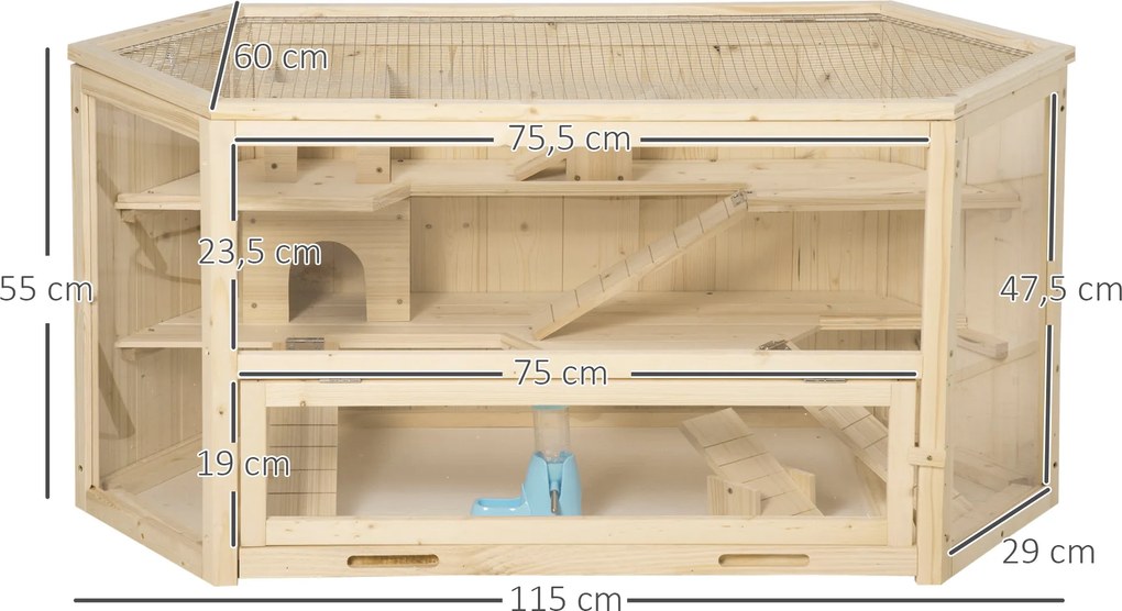 Gaiola para hamsters com 3 níveis, balancins, janelas, casinhas, tabuleiro deslizante, 115 x 60 x 55 cm, efeito de madeira natural