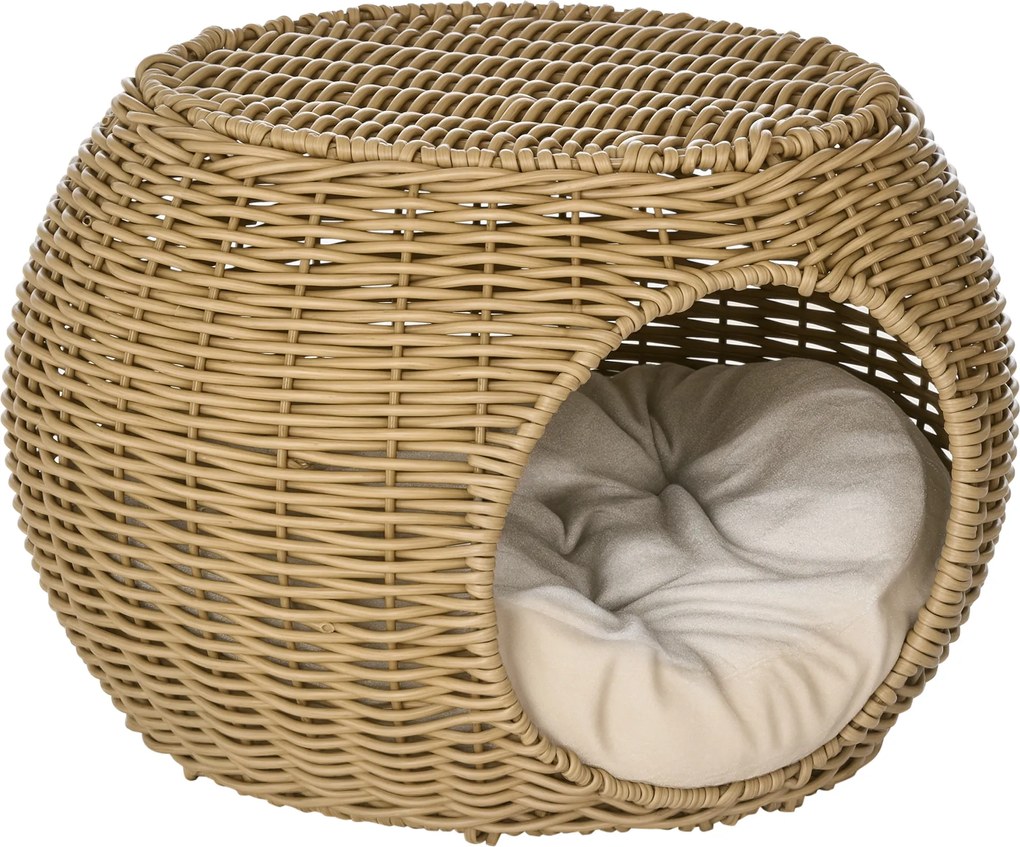 Cama para gatos com 2 níveis, em resina trançada com aspeto de vime, com 1 almofada macia Ø 40 x 30 cm, castanho claro