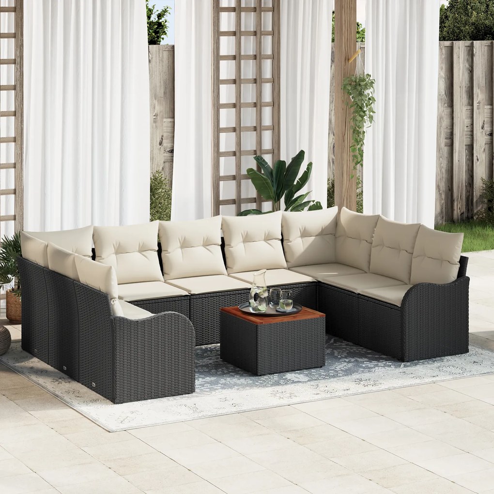 Conjunto de Sofá de Jardim vidaXL de 10 Peças com Almofadas Preto Poli