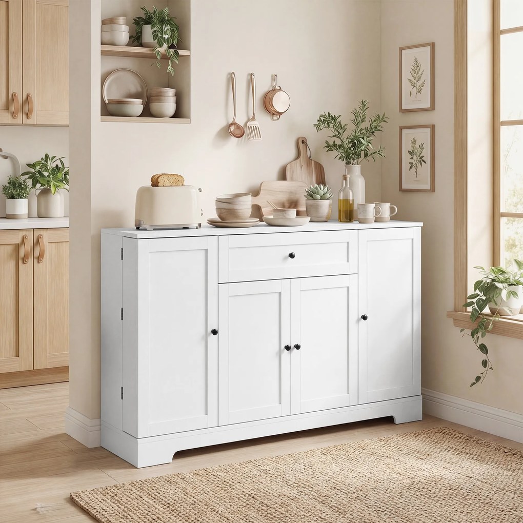 Armário de cozinha 140 x 40 x 80 cm, com gaveta, 4 portas com fecho suave, suportes para copos e prateleiras ajustáveis, branco