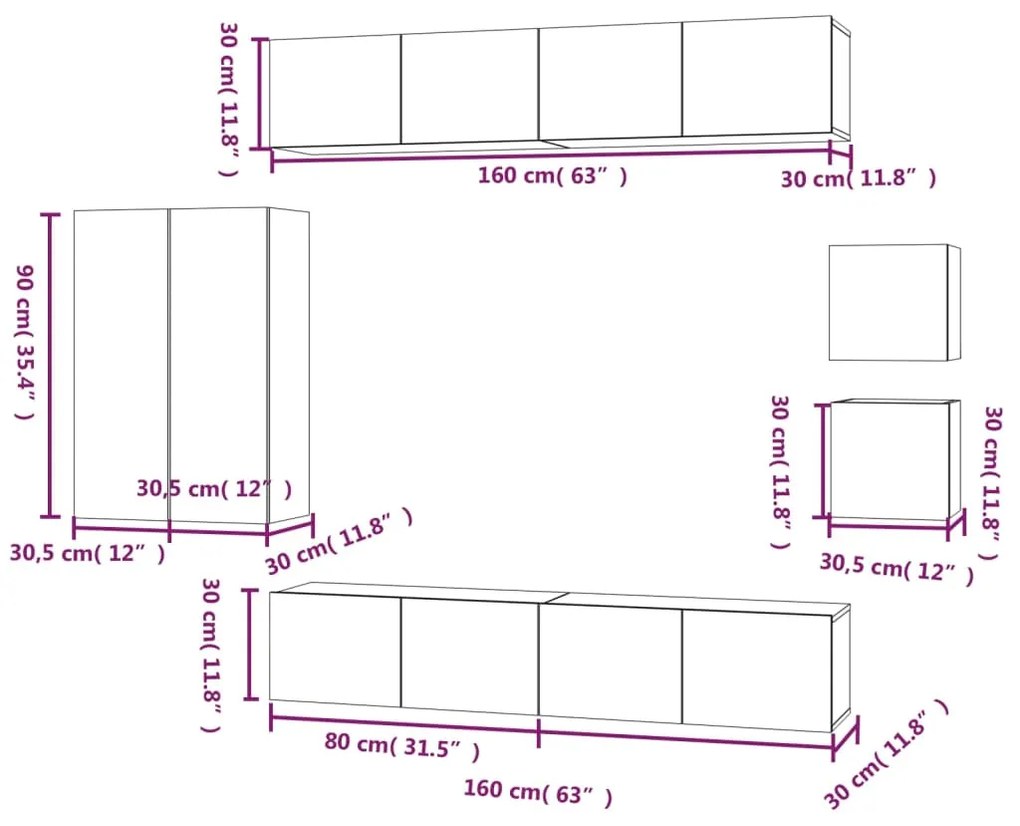 Conjunto móveis de TV 8 pcs madeira processada branco