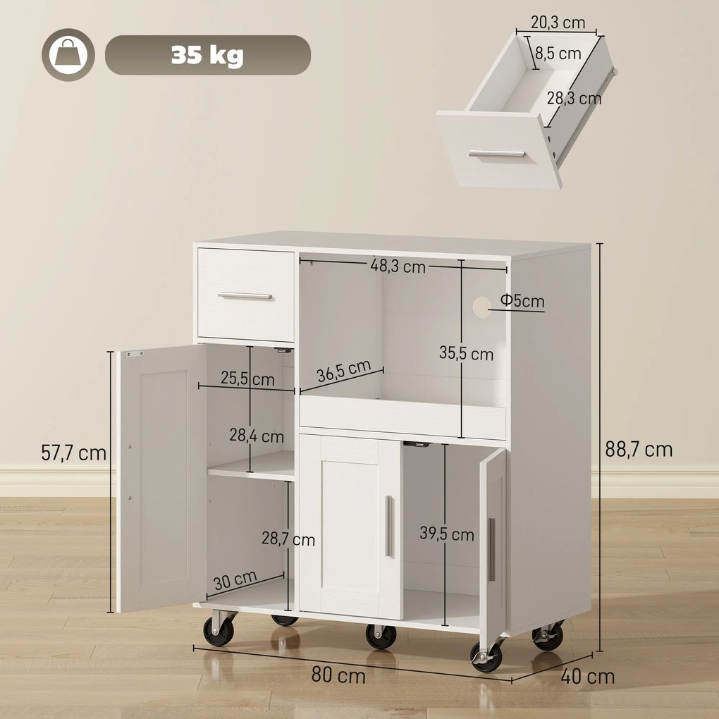 Móvel Auxiliar de Cozinha com Rodas para Microondas com Bandeja Deslizante Gaveta 3 Portas Prateleira Ajustável 80x40x88,7 cm Branco