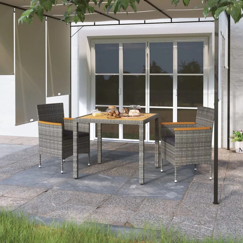 vidaXL 3 pcs conjunto jantar jardim vime PE e acácia maciça cinzento