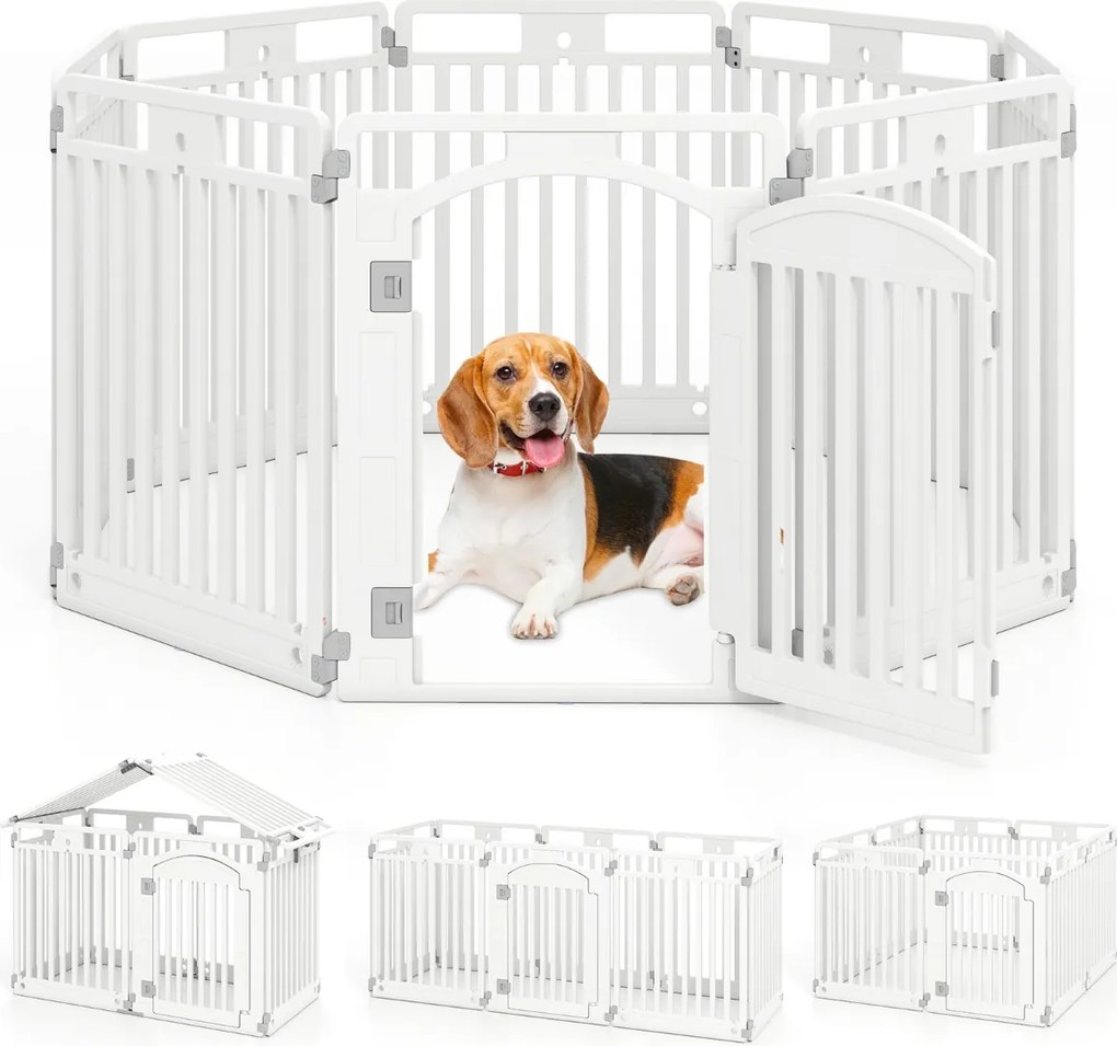 Barreira de plástico para cães com 8 painéis de 80 cm de altura com porta de segurança para cães pequenos e médios, gaiola dobrável branca