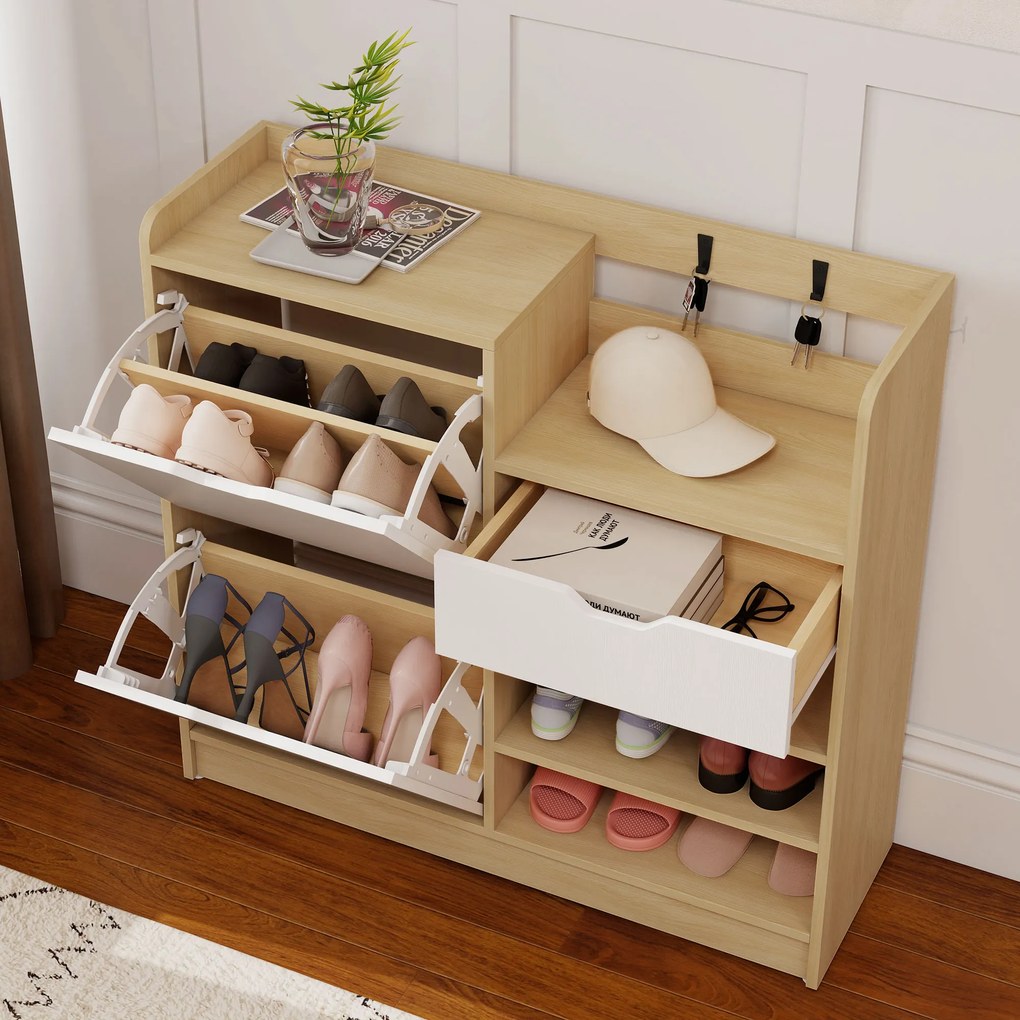 Sapateira Estreita com Prateleiras Ajustáveis Gaveta e 4 Ganchos para 14 Pares de Sapatos 93x30x90 cm Madeira e Branco