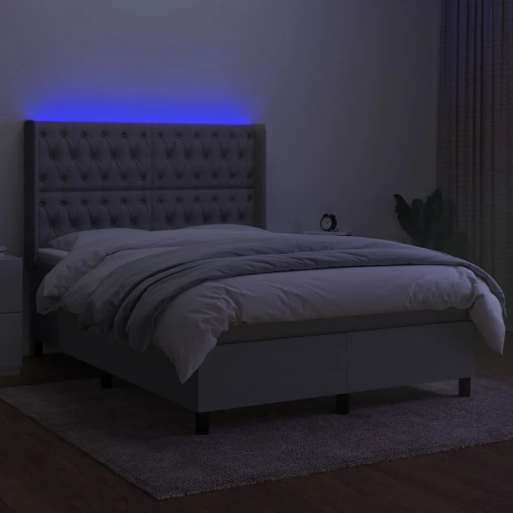 Cama box spring c/ colchão e LED 140x190 cm tecido cinza-claro