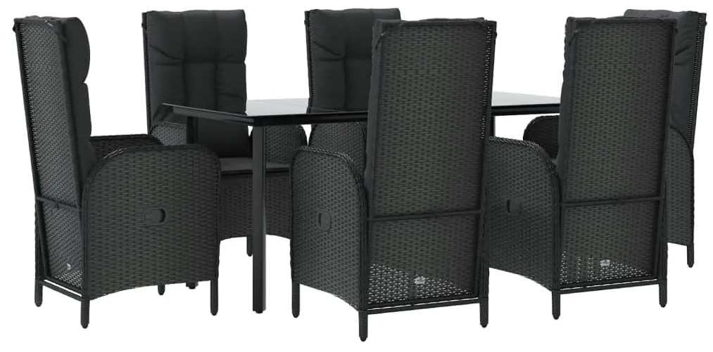 7 pcs conjunto de jantar p/ jardim c/ almofadões vime PE preto