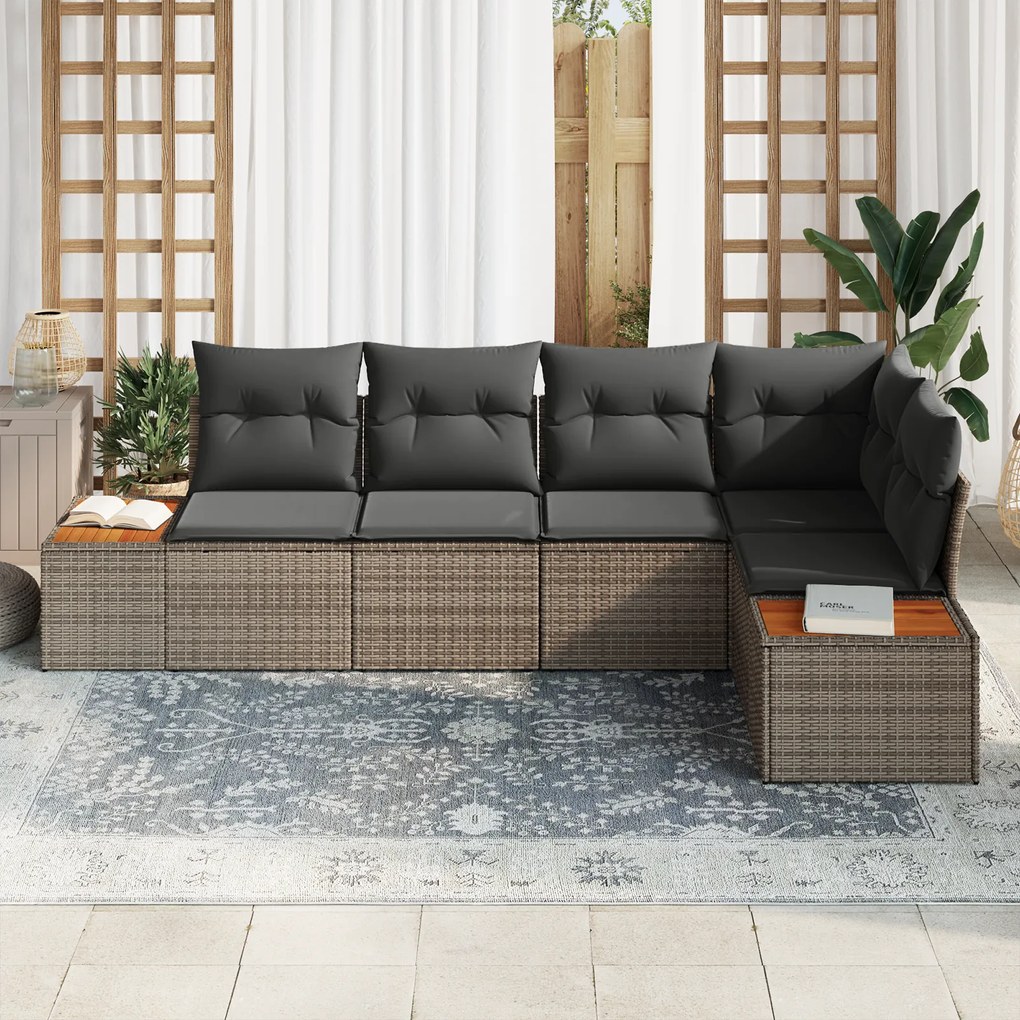 Conjunto de Sofás de Jardim 5 Peças com Almofadas Cinza Rattan Acácia,