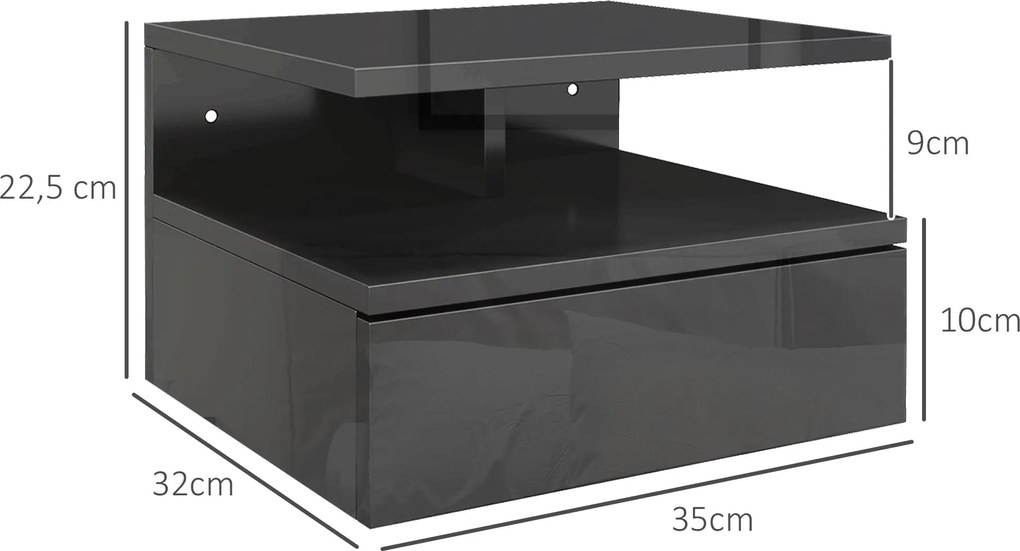 Conjunto de 2 Mesas de Cabeceira Flutuantes com Gaveta e Prateleira Aberta para Sala de Estar, 35x32x22,5 cm Preto Brilhante