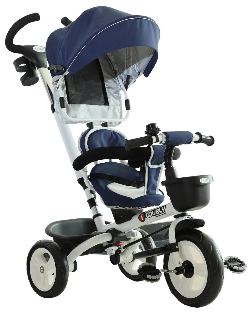 HOMCOM Triciclo 4 em 1 para Crianças acima de 18 Meses evolutivo Assento Giratório com Capuz Barra Desmontável 118x53x105cm Azul | Aosom Portugal