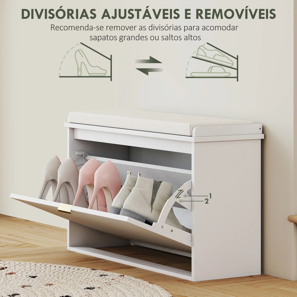 Banco Sapateira Móvel Sapateira Estreito com Assento Estofado Caixa Rebatível e Painel de Ripas 80x26x47,5 cm Branco