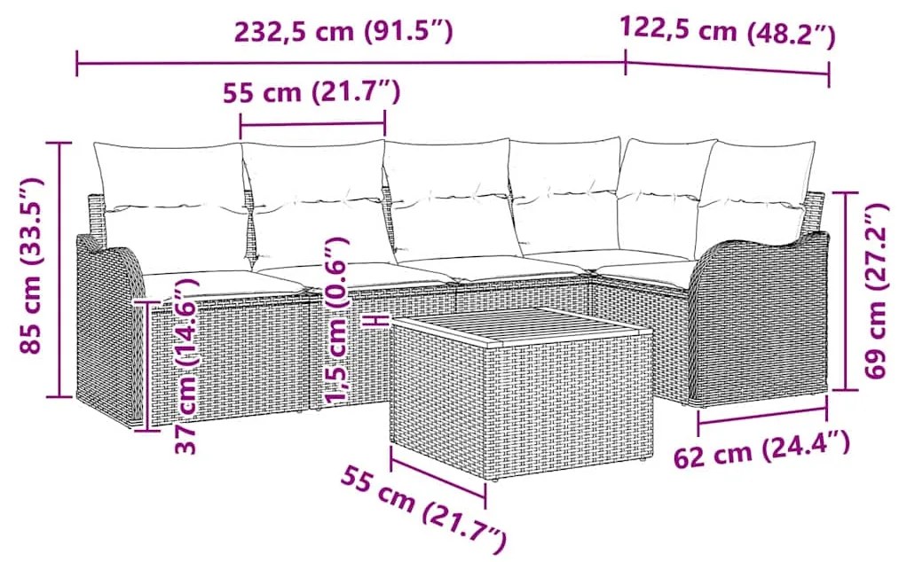 Conjunto de Sofá de Jardim de 6 Peças com Almofadas Pretas de Rattan e
