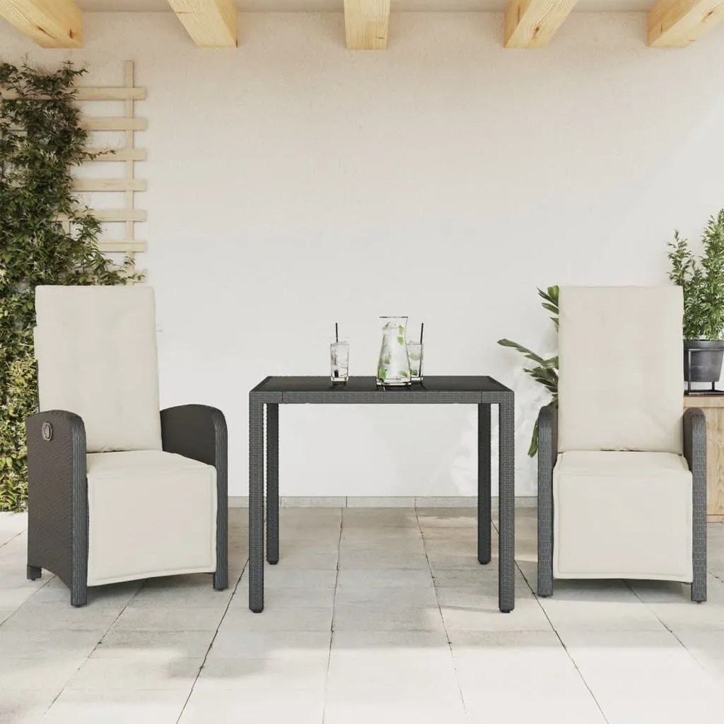 vidaXL 3 pcs conjunto de bistrô com almofadões vime PE preto
