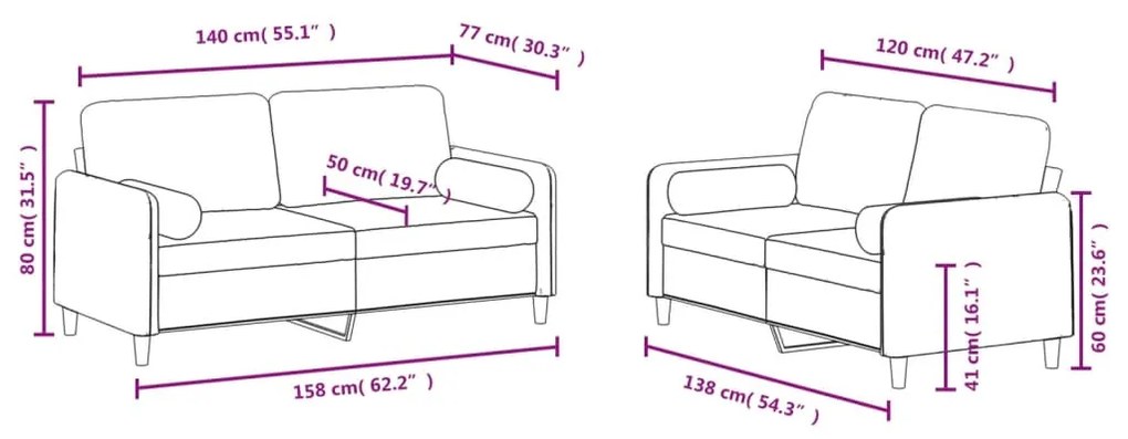 2 pcs conjunto de sofás com almofadas veludo castanho