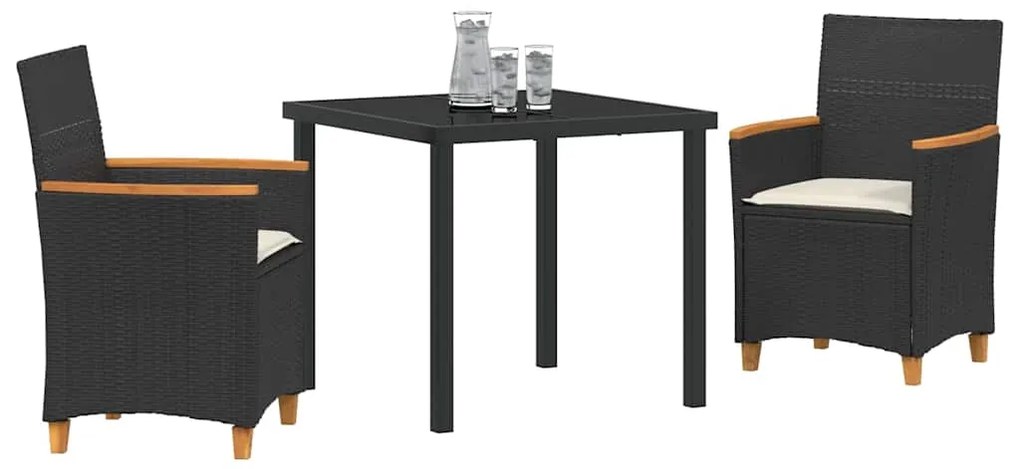 Conjunto de Jantar de Jardim com Almofadas 3 Peças na Cor Preta em Rat