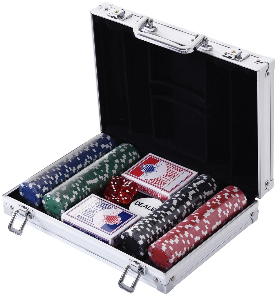 HOMCOM Mala Poker Profissional 200 Fichas Jogo Completo Maleta Alumínio 5 Dados 2 Baralhos 1 Ficha Dealer 29,5x20,5x6,5cm Multicor | Aosom Portugal
