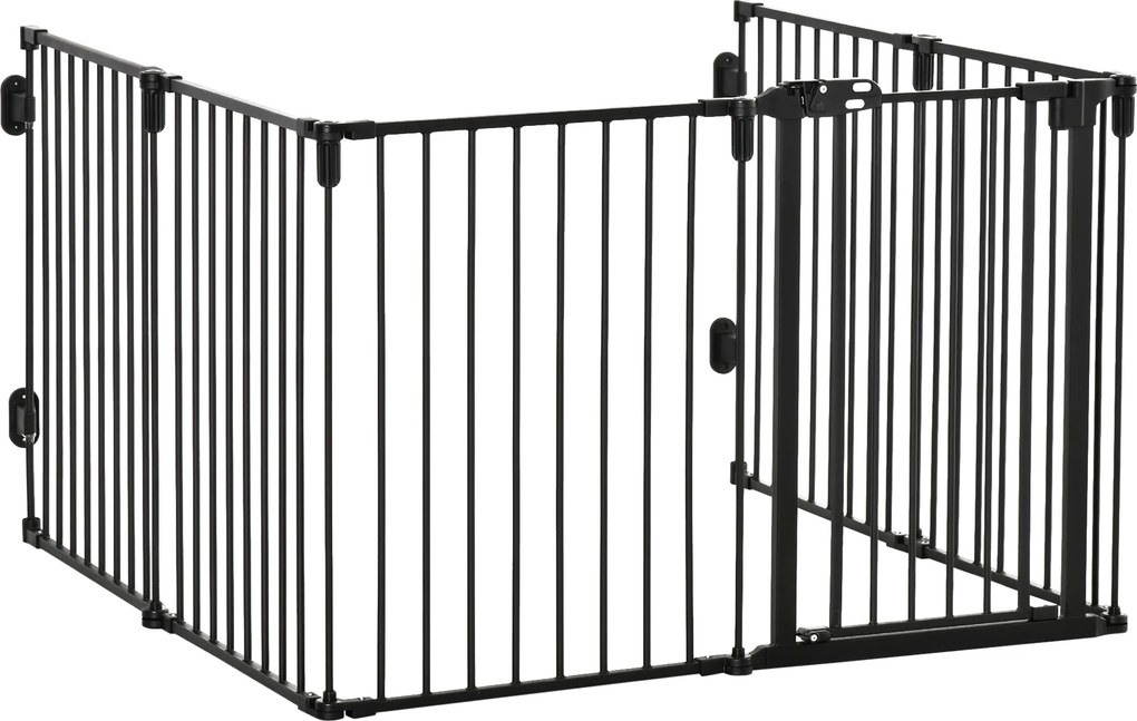 Barreira de Segurança para Animais Dobrável e Modulável, 362,5 x 2 x 76 cm, 6 Painéis com Porta, Preto