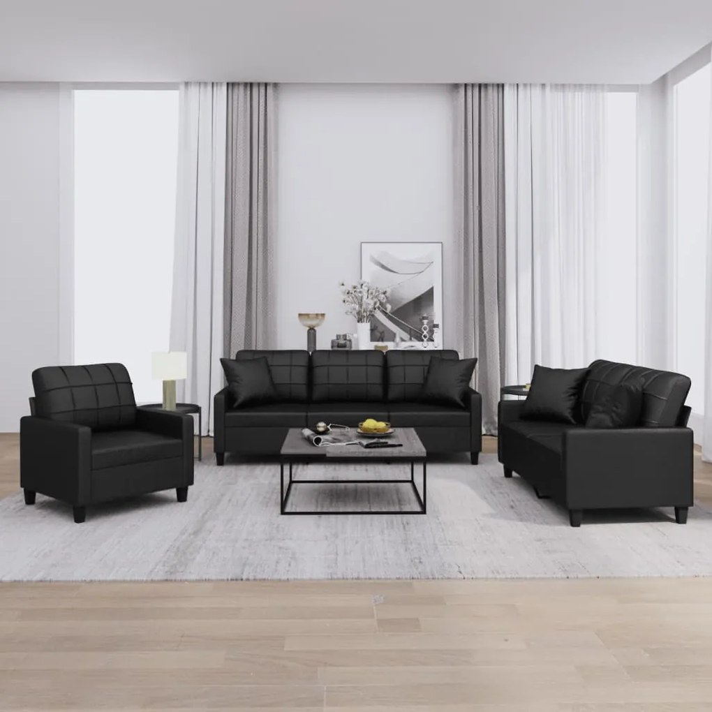 vidaXL 3 pcs conjunto de sofás com almofadas couro artificial preto