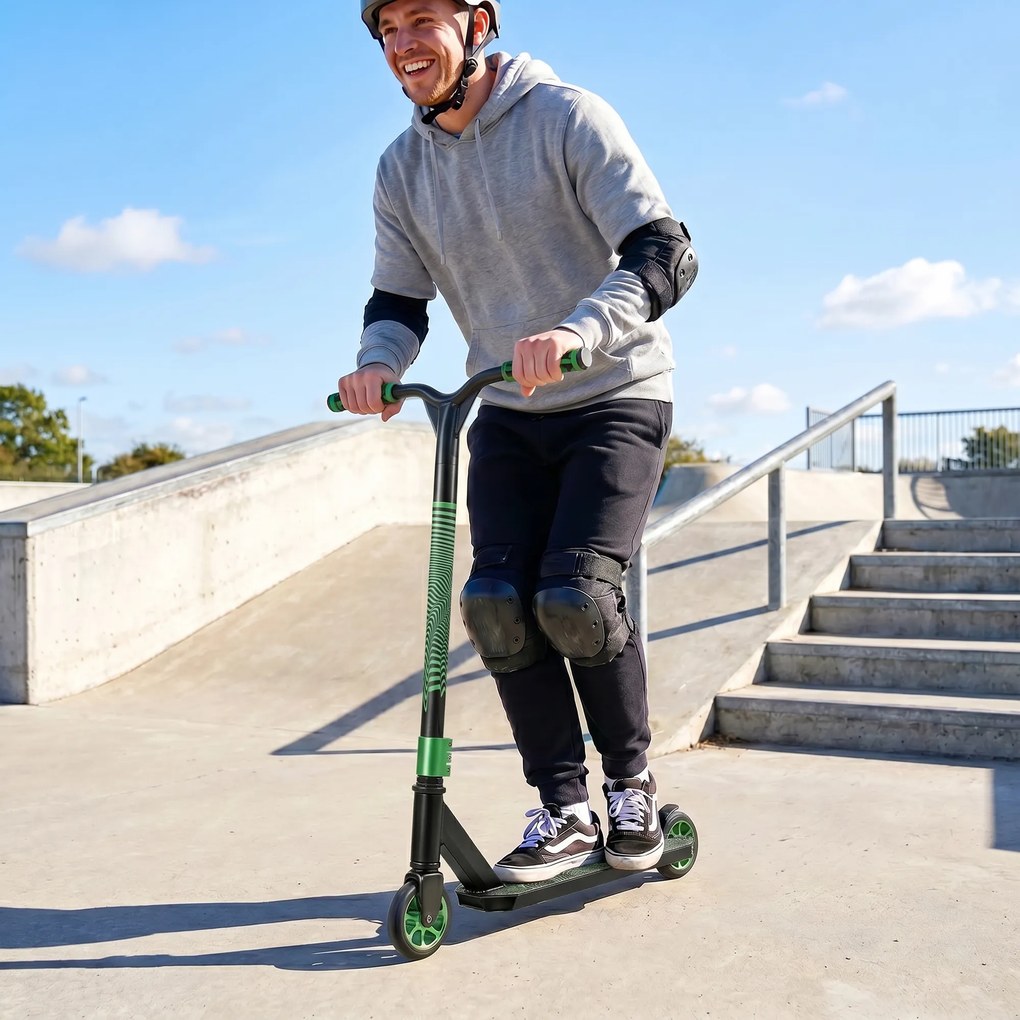 Trotinete Acrobática com Guiador 360° Rolamentos ABEC-9 Rodas de PU de 120 mm Estrutura de Alumínio 66x47x81 cm Verde
