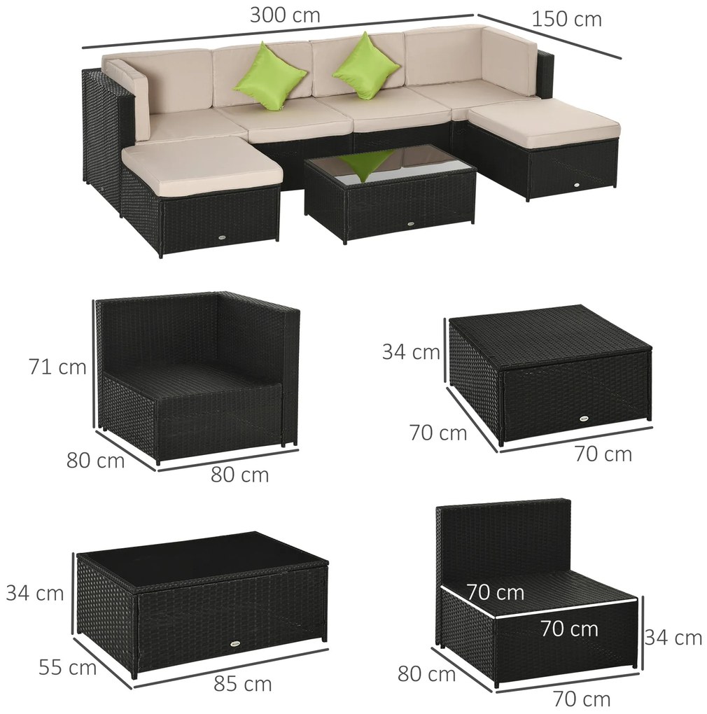 Conjunto de Móveis de Jardim de Vime PE Conjunto de 7 Peças Mesa Sofás