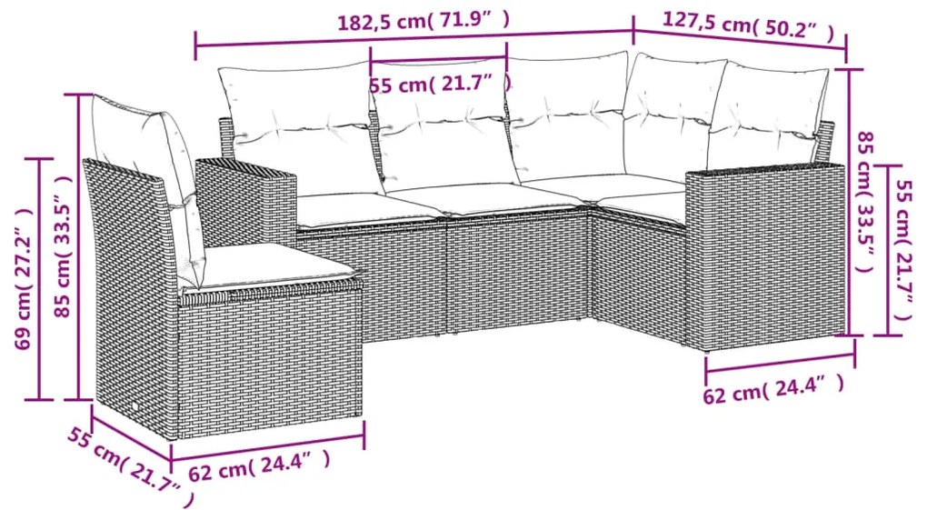 5 pcs conjunto sofás p/ jardim c/ almofadões vime PE cinzento