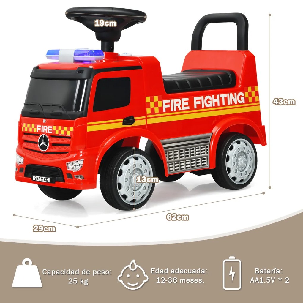 Andarilho Carro de bombeiros infantil Mercedes Benz com volante de espaço oculto carro montável com pés no chão vermelho
