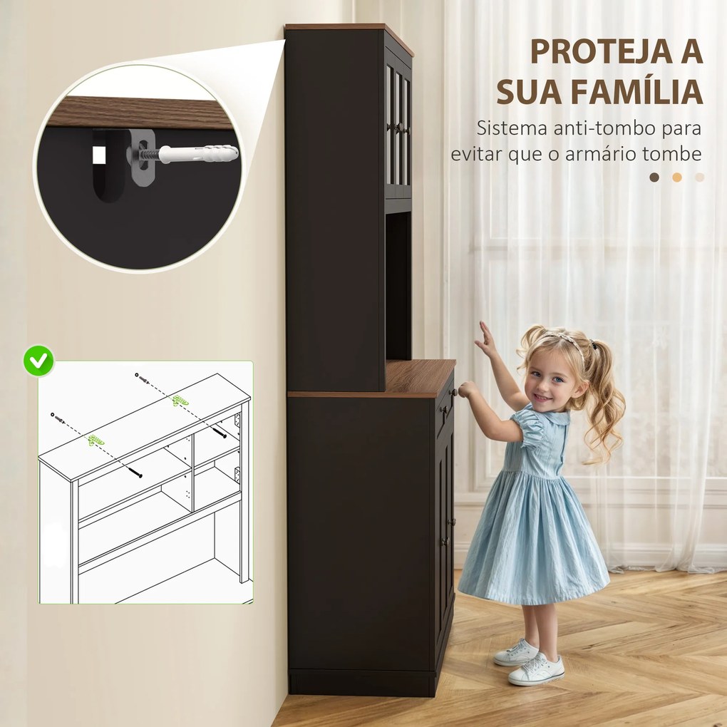 Armário de Cozinha com 3 Portas de Vidro Compartimento Aberto 2 Gavetas e Prateleiras Ajustáveis 100x40x180 cm Preto