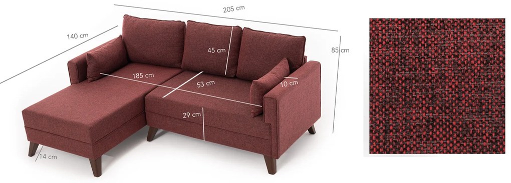 Sofá-cama de canto Bella – Vermelho Bordô – 205 x 85 x 140 cm