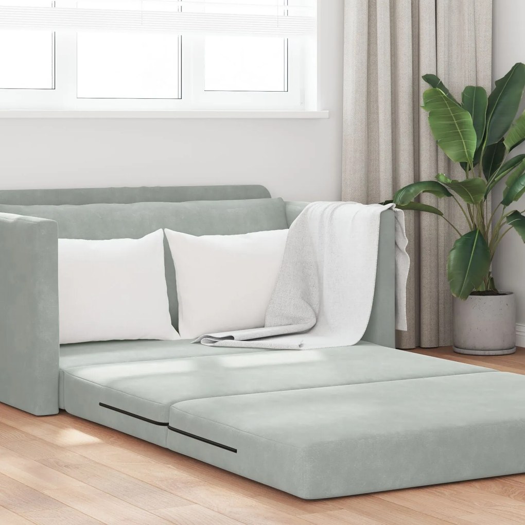 Sofá Cama de Chão 2-em-1 Cinza Claro 124x204x61 cm Veludo