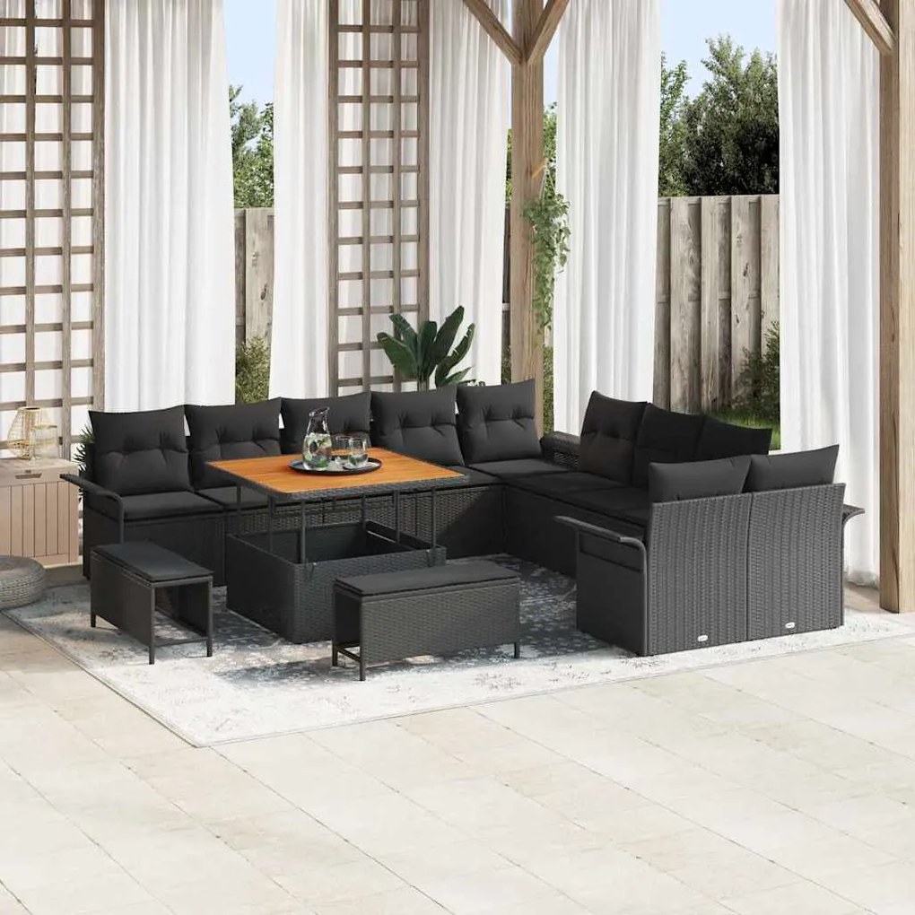 vidaXL Conjunto de Sofá de Jardim 13 Peças com Almofadas de Rattan Sintético Preto