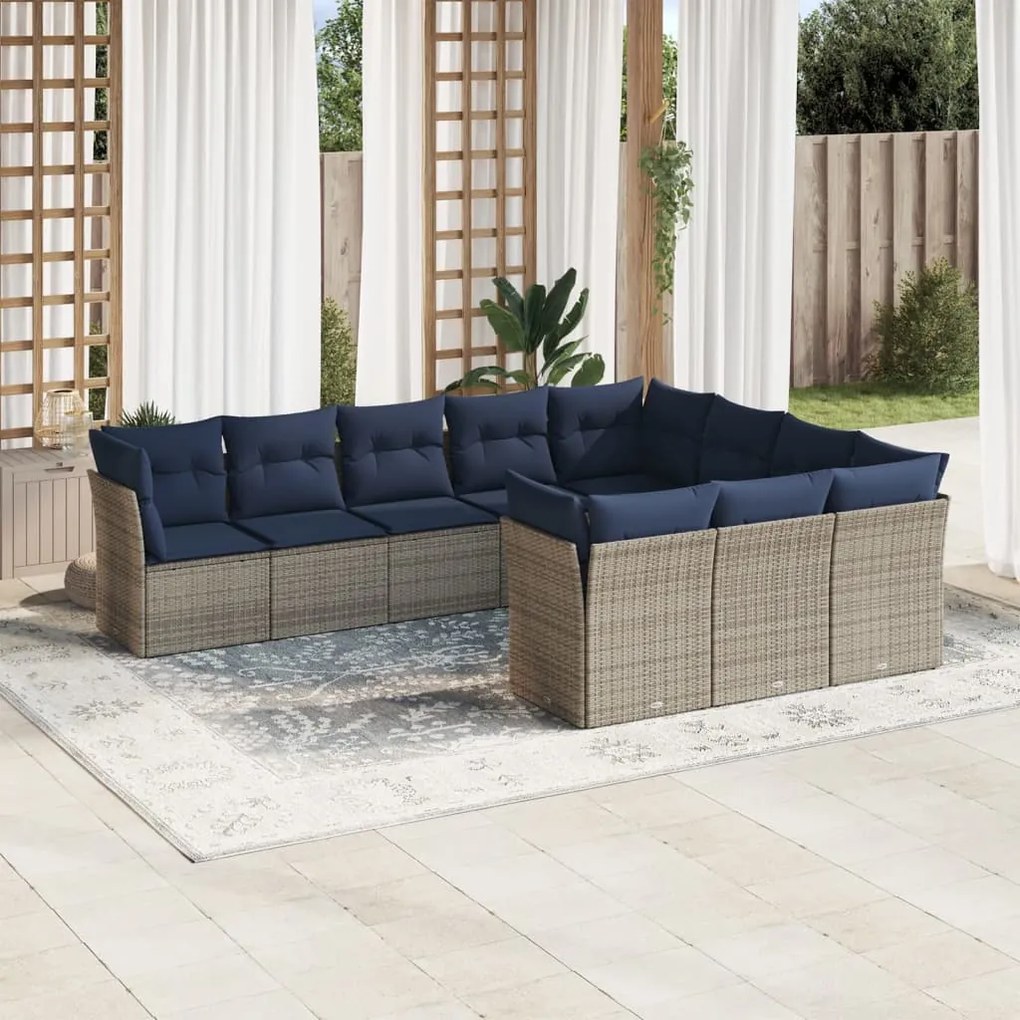 vidaXL 10 pcs conjunto sofás p/ jardim c/ almofadões vime PE cinzento