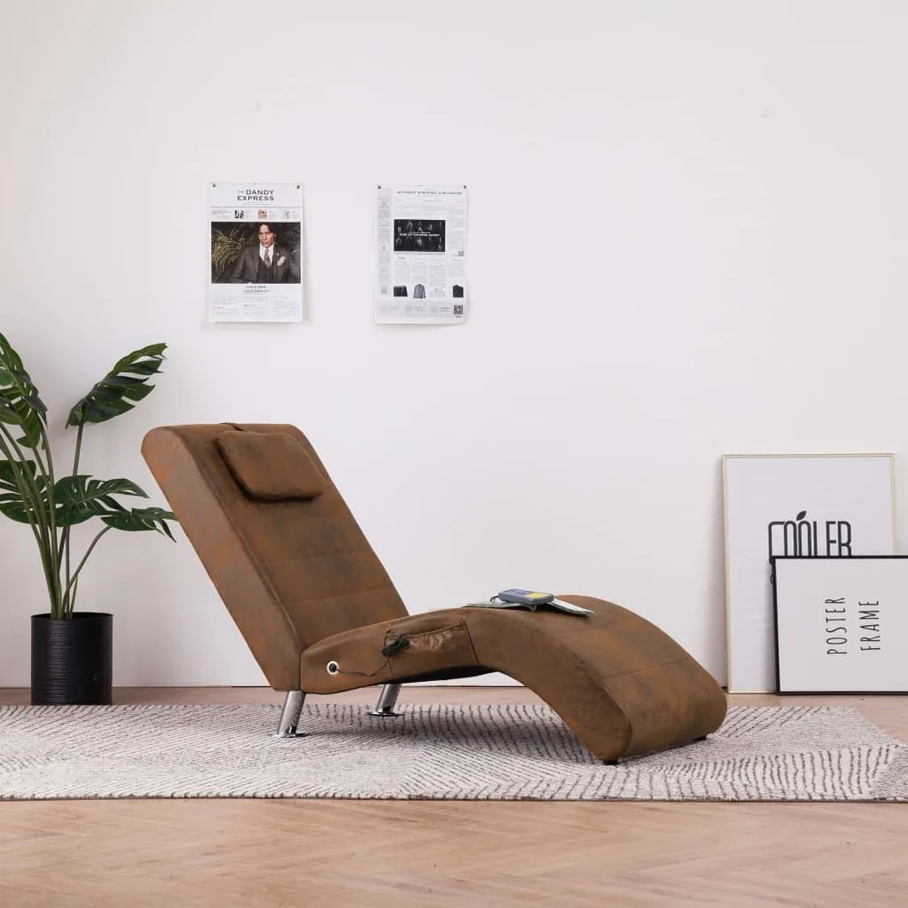 Chaise longue massagem c/ almofada camurça artificial castanho