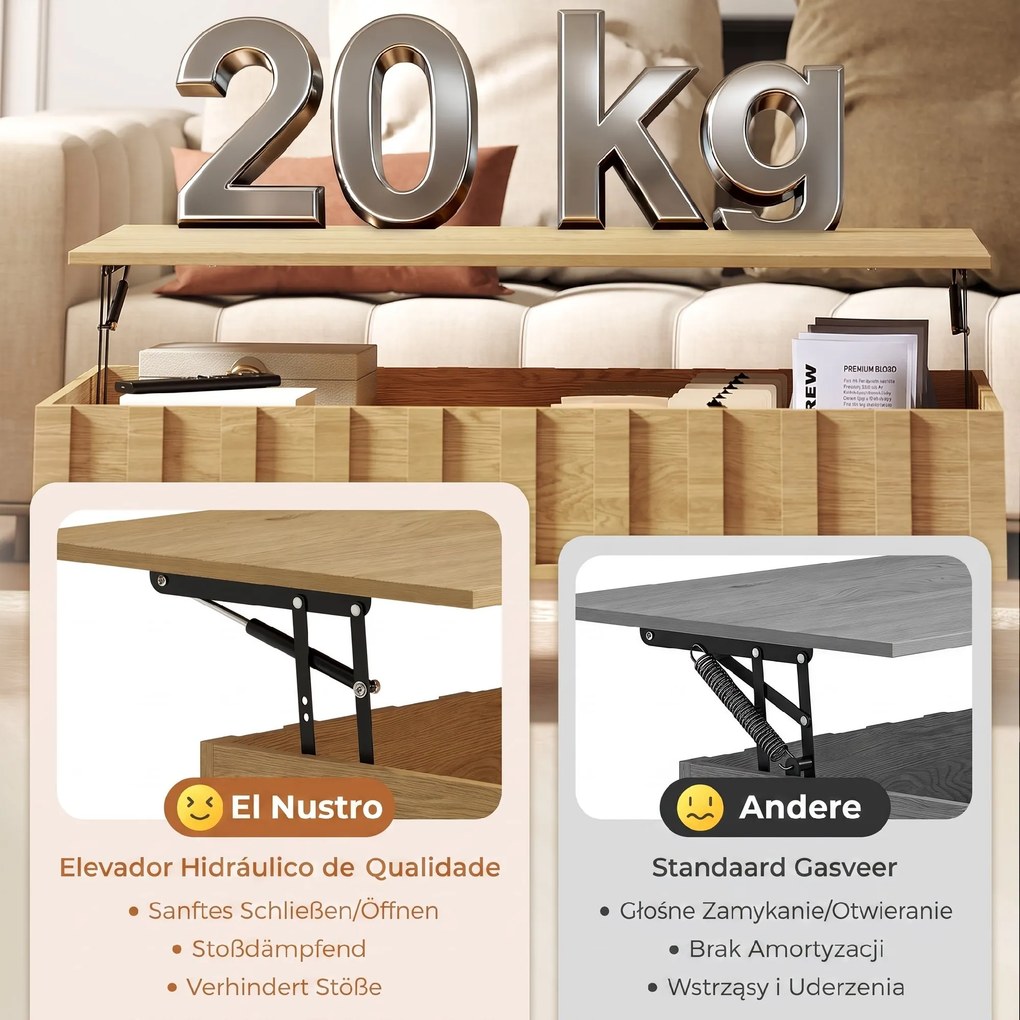 Mesa de Centro Elevatória com 2 Compartimentos Ocultos e Pés Metálicos 110x55x36,5 cm cor Carvalho