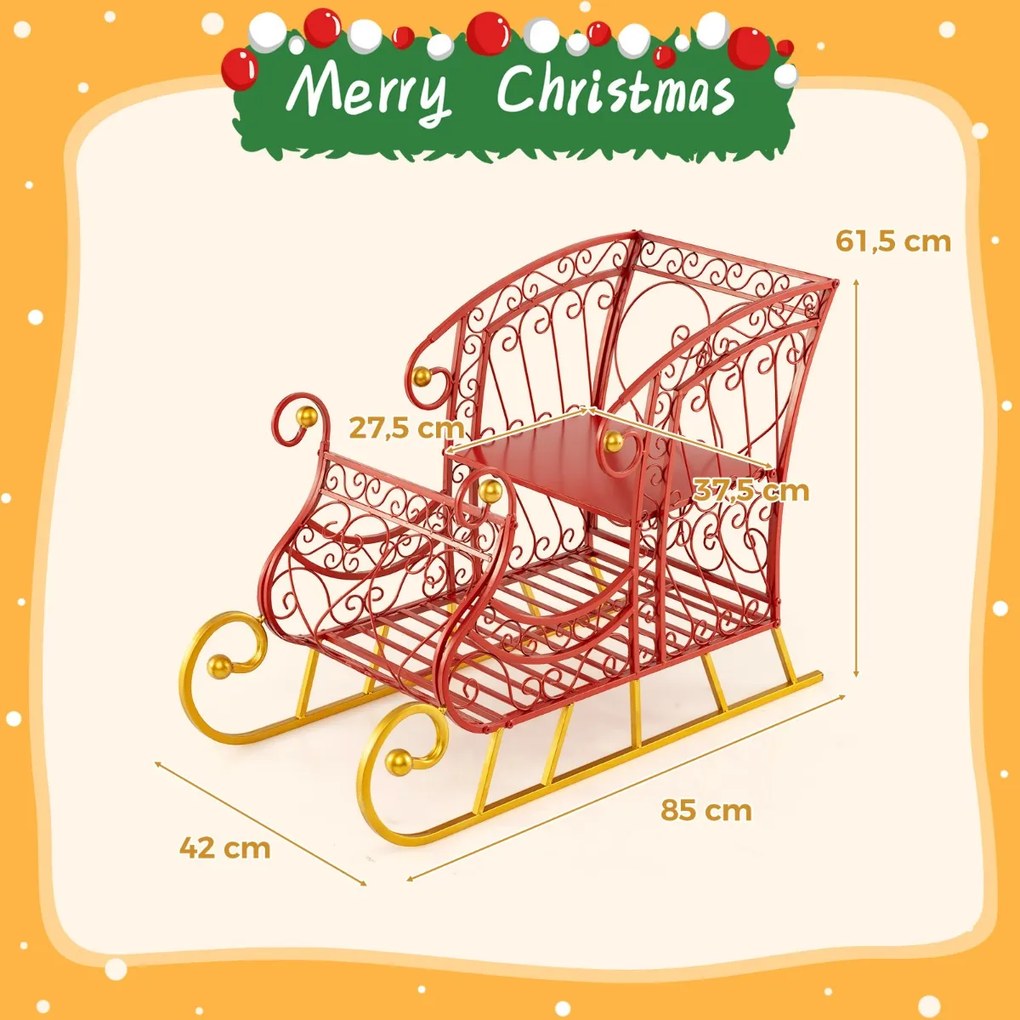 Cesto de Natal em Metal desenho Trenó de 2 Níveis para Presentes do Pai Natal Carrinho Trenó Decorativo Decoração Natal Vermelho