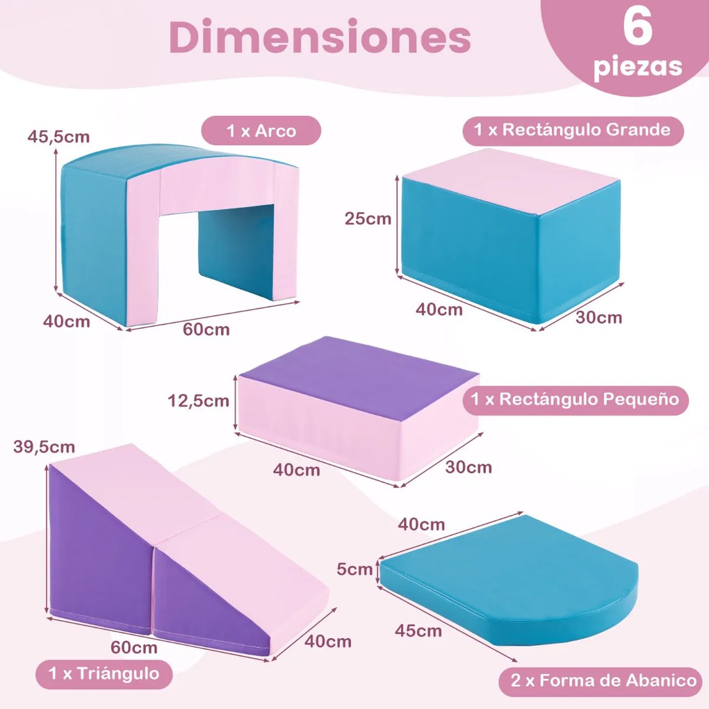 Blocos de escalada de espuma para crianças macios com 6 peças para actividades de escalada e gatinhar com rampa de túnel Azul