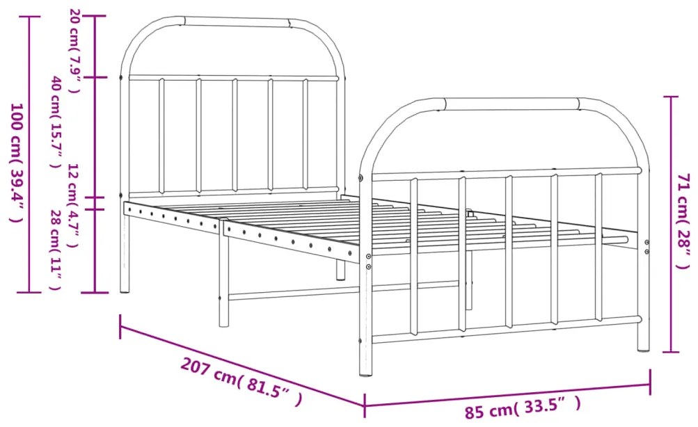 Estrutura de cama com cabeceira e pés 80x200 cm metal preto