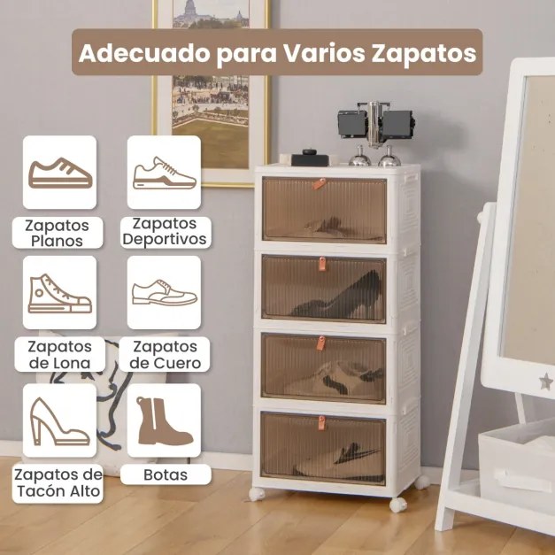 Sapateira dobrável de 4 prateleiras com portas magnéticas transparentes e rodas universais com travão Cor: Branco + Castanho
