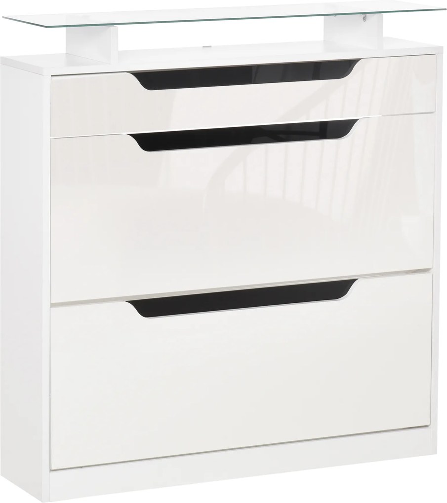 Sapateira Entrada Estreito Móvel para 16 pares de Sapatos com 2 Portas Gaveta Prateleira Aberta e Bancada de Vidro 89x23x96cm Branco