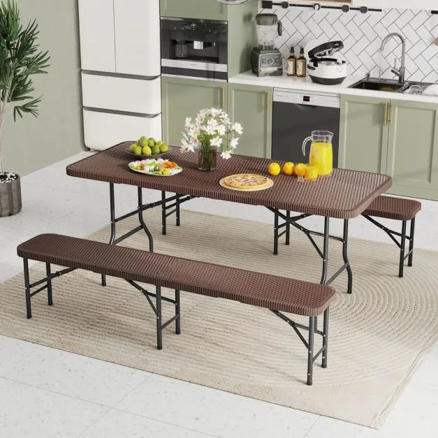 Mesa e 2 bancos para piquenique de 180 cm com superfície em HDPE portátil para acampamento Café