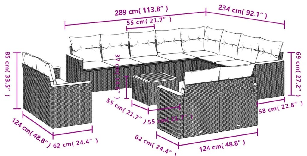 13 pcs conjunto sofás p/ jardim c/ almofadões vime PE cinzento