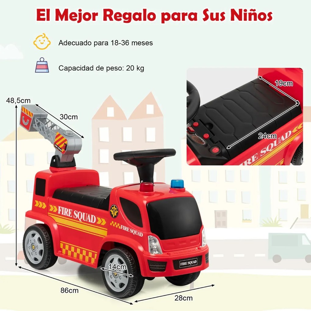 Andarilho para crianças 18-36 meses Carro de bombeiros com faróis de bolha e sons de sirene e música 86 x 28 x 48,5 cm Vermelho