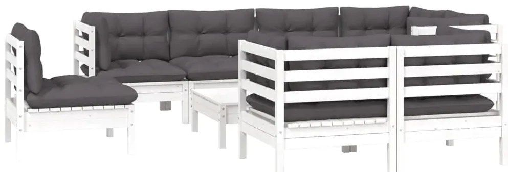 9 pcs conj. lounge de jardim c/ almofadões pinho maciço branco