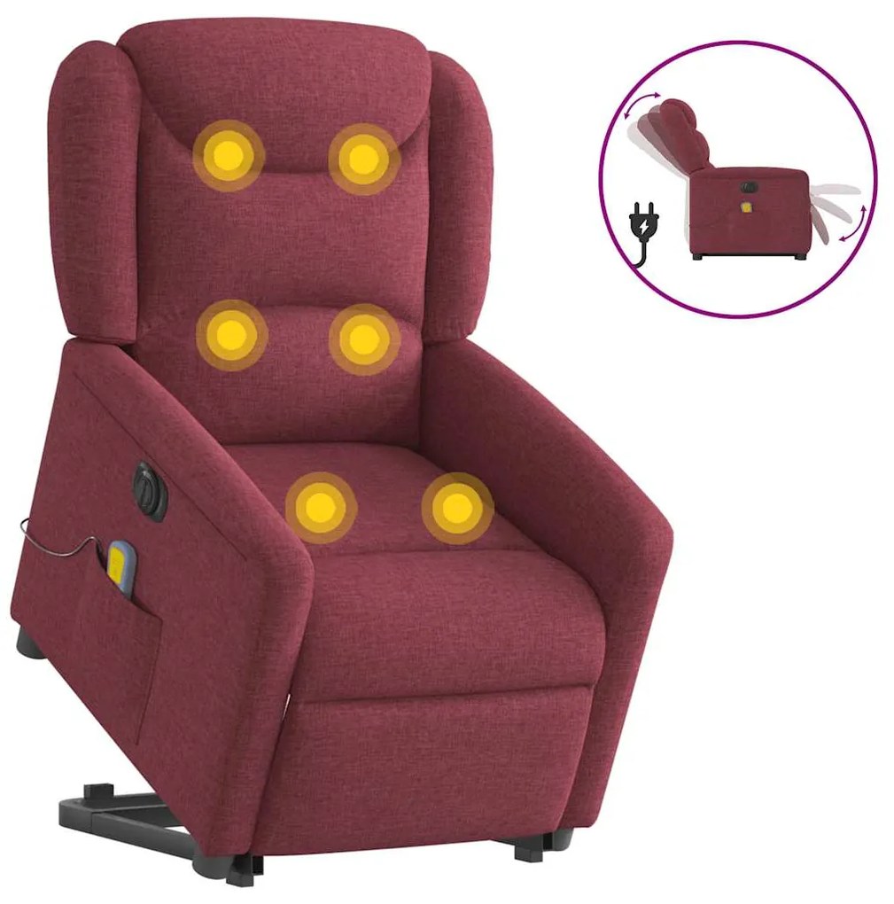 vidaXL Poltrona elevatória de massagens elétrica tecido vermelho tinto